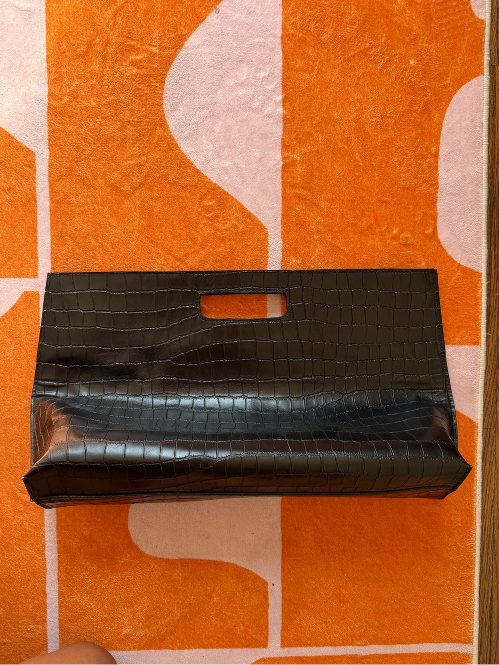 Sleek Black Croc-Embossed Handle Clutch - Women's Bag
